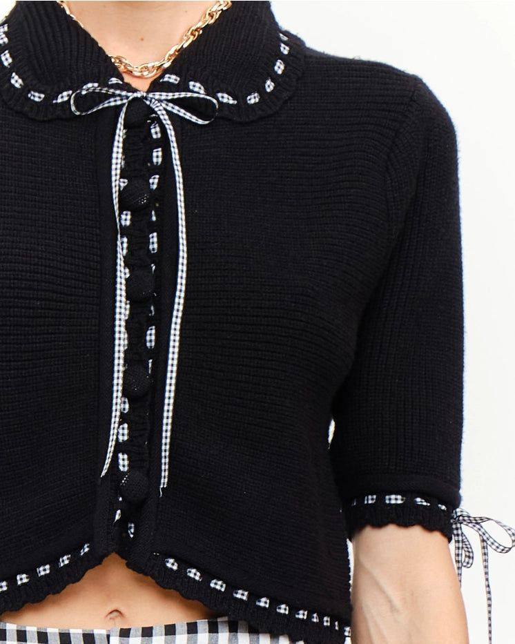 Black Collared Sweater Gingham Trim