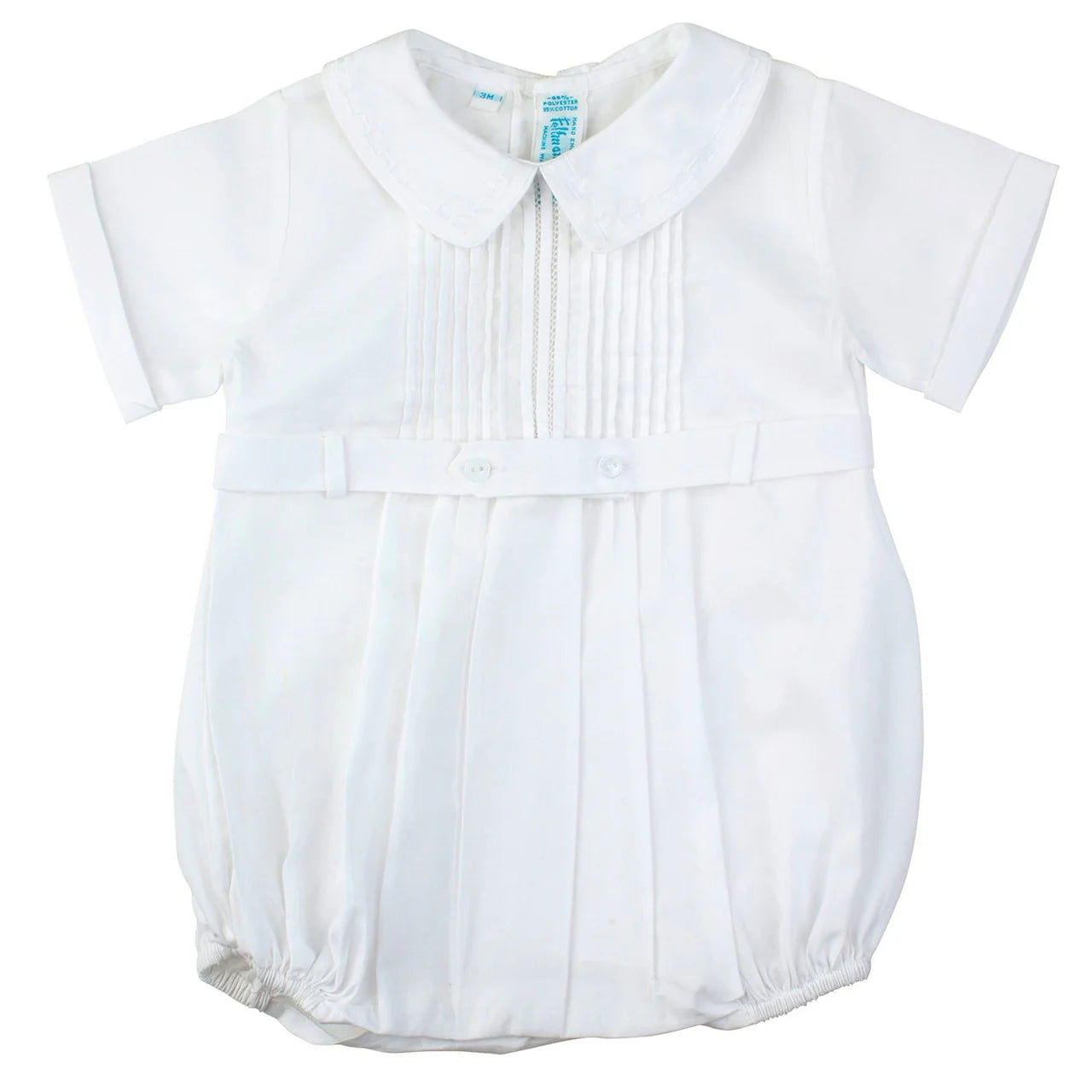 White Tucked Belted Romper Embroidered Collar