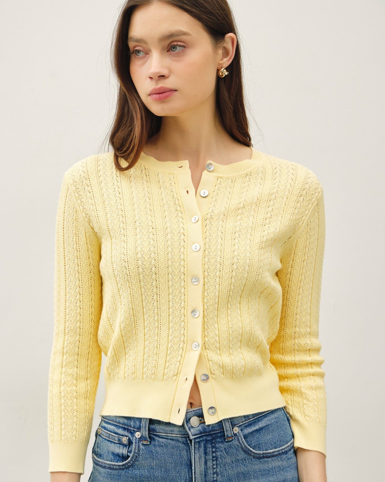 Women's Soft Yellow Pointelle Cardigan
