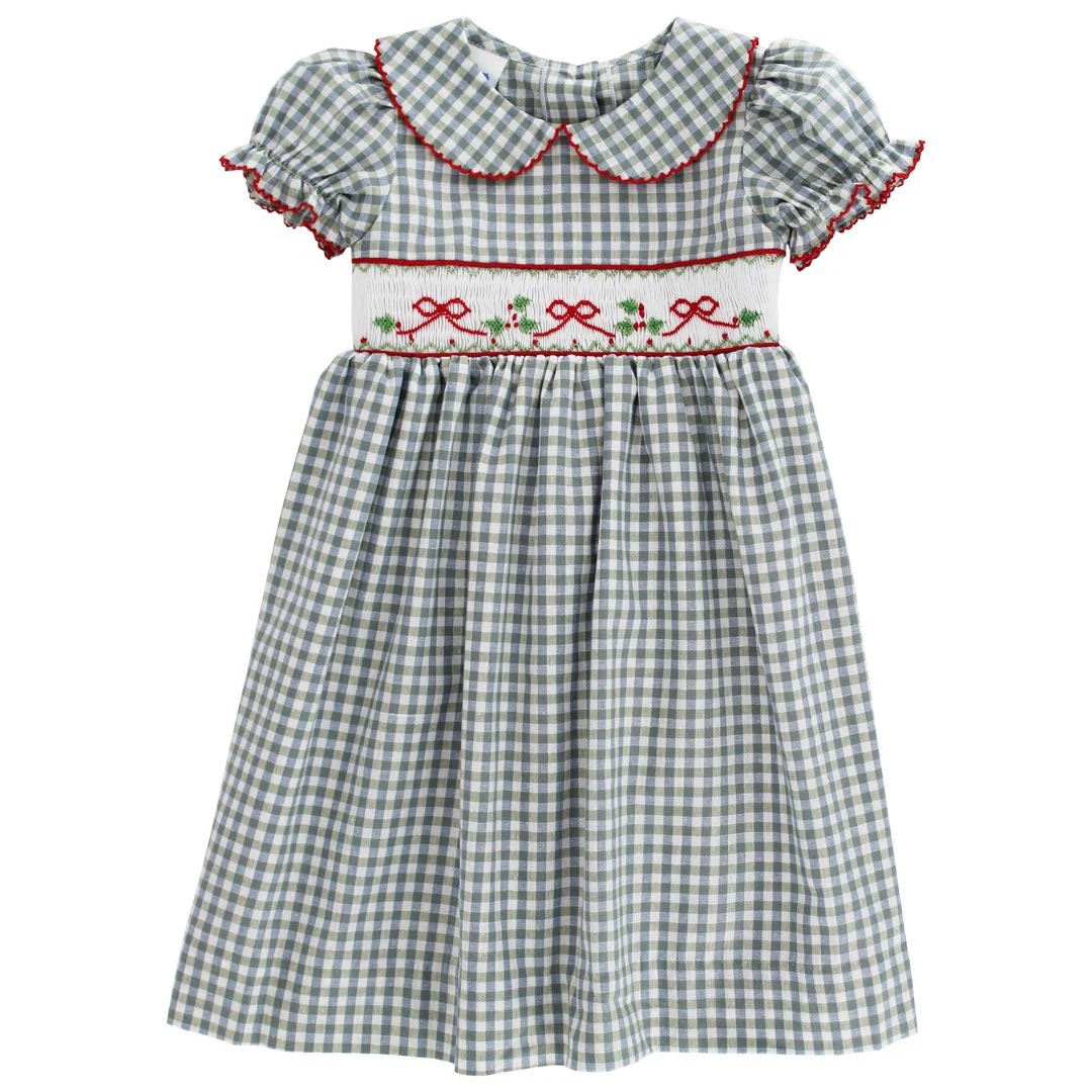 Girl's Green Gingham Smocked Bow Dress