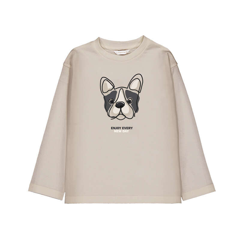 A beige long-sleeve crewneck sweatshirt featuring a black and white French Bulldog graphic on the chest with the text 'ENJOY EVERY NEW DAY' underneath, shown against a plain white background.