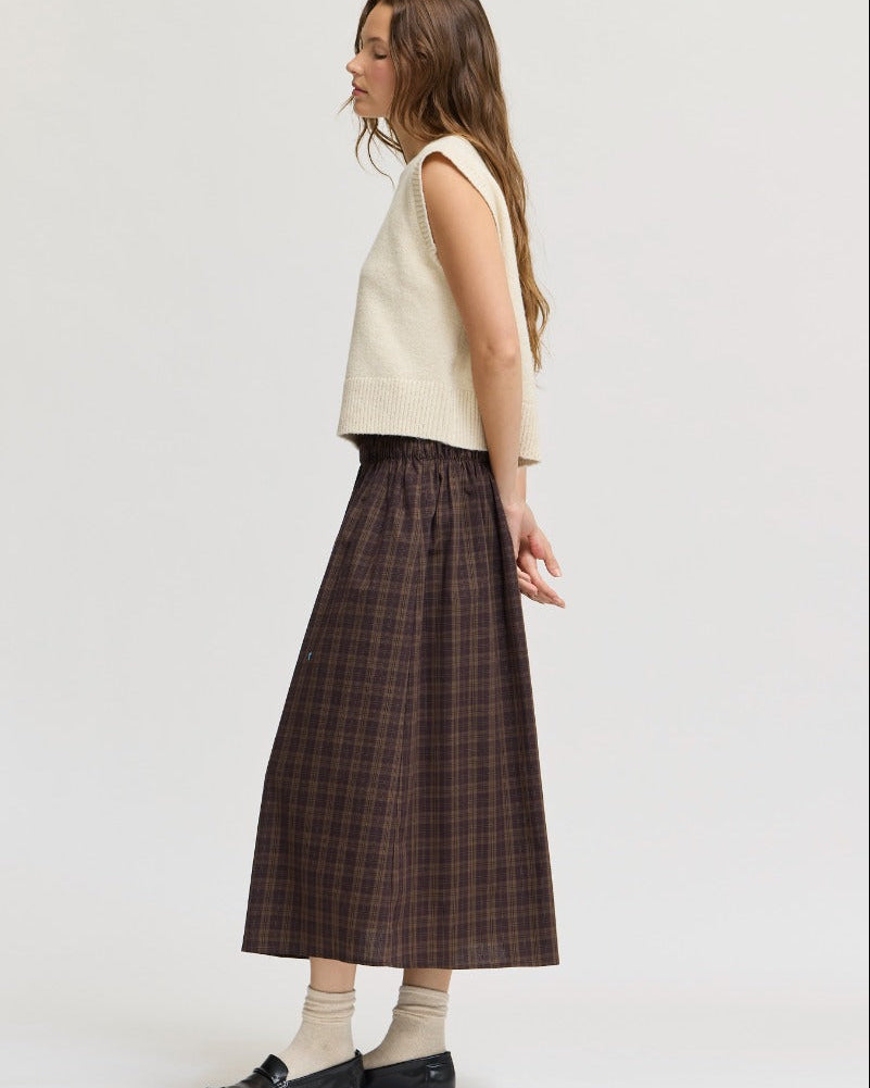 Brown Plaid Smocked Waist Skirt