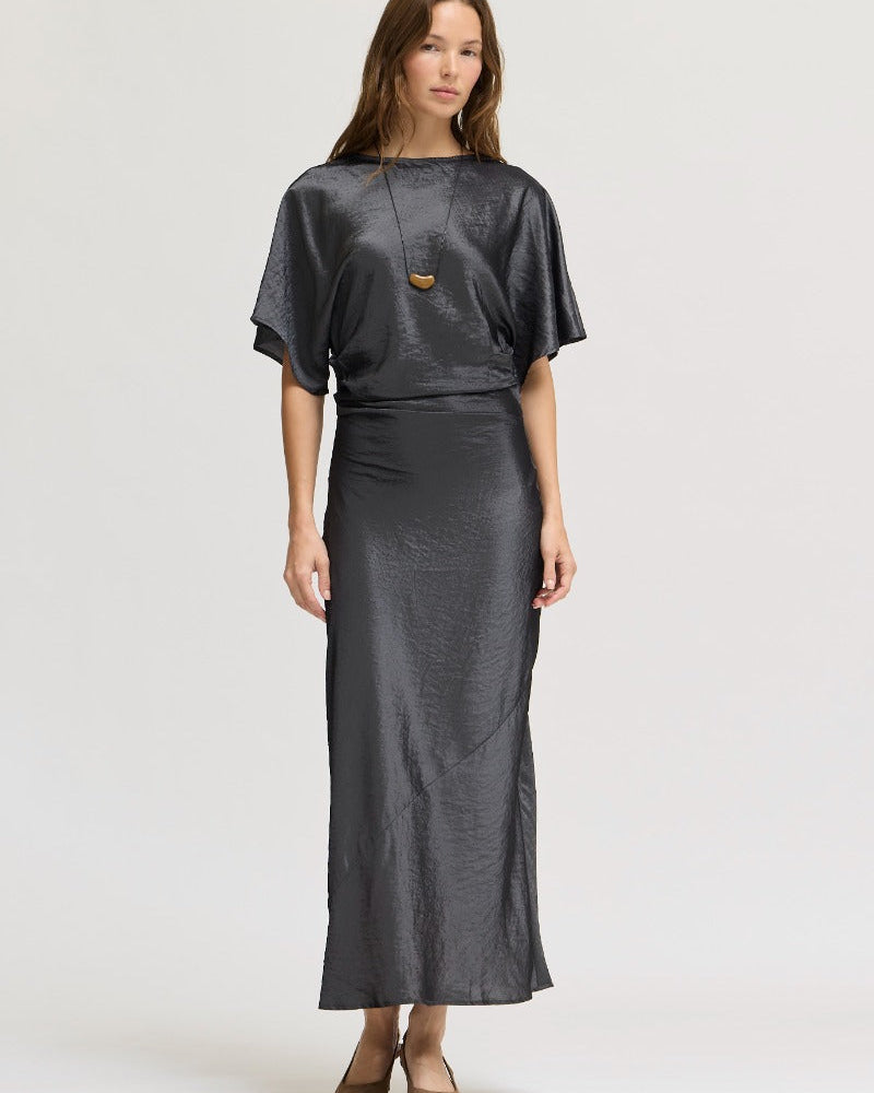 Granite Satin Ruched Waist Bias Dress