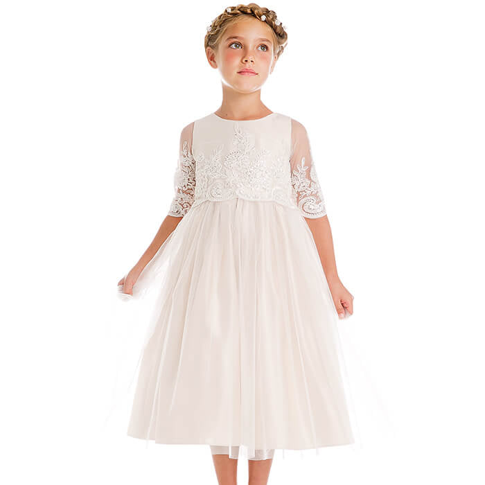Girl's Off White Embroidered Sequin Lace Dress