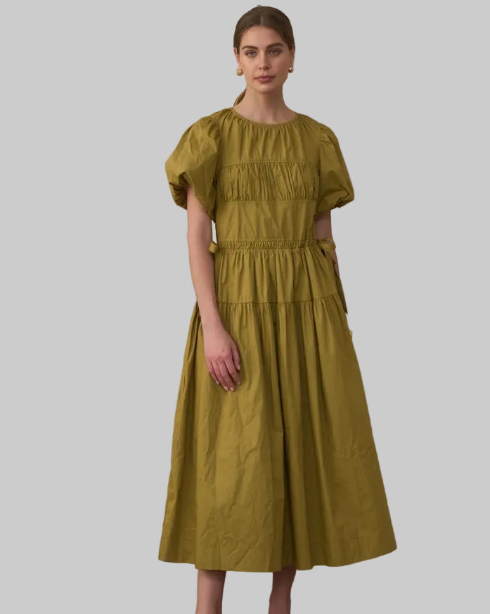 Olive Voile Gathered Drawstring Dress