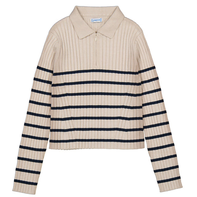 Beige sweater with navy stripes on a white background
