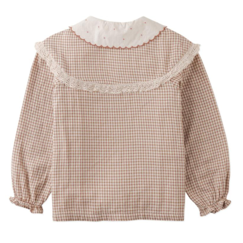 Girl's Bernadette Check Blouse Embroidered Collar