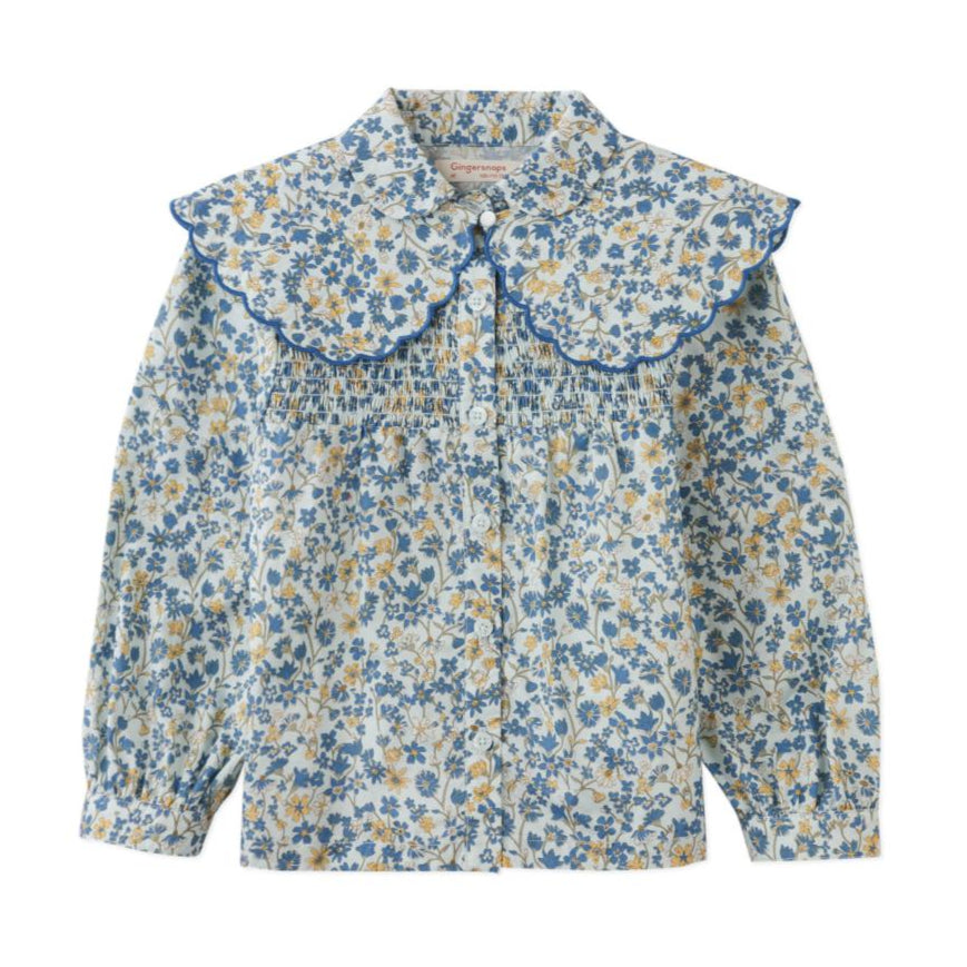 Girl's Blue Floral Wide Collar Blouse