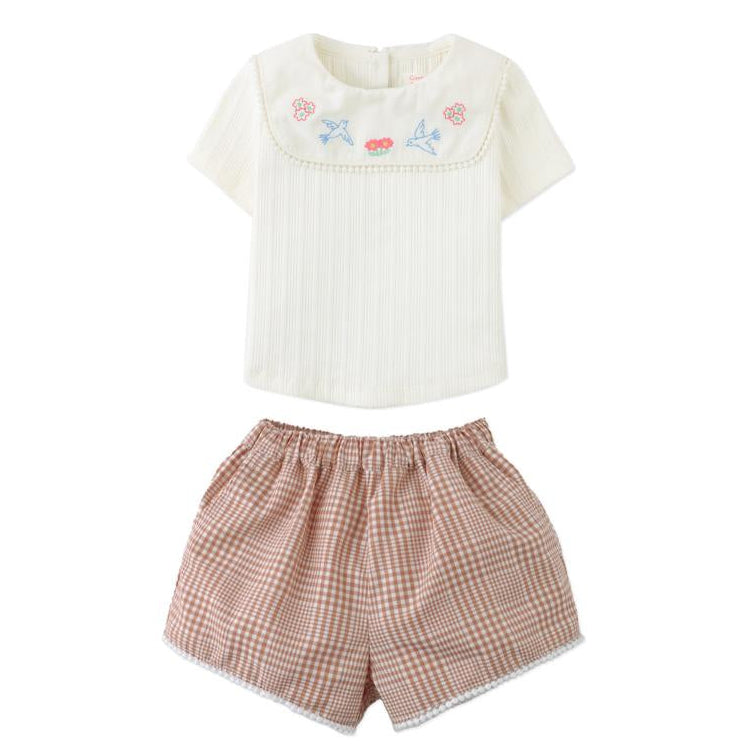 Plaid Short & Embroidered Collar Infant Tee