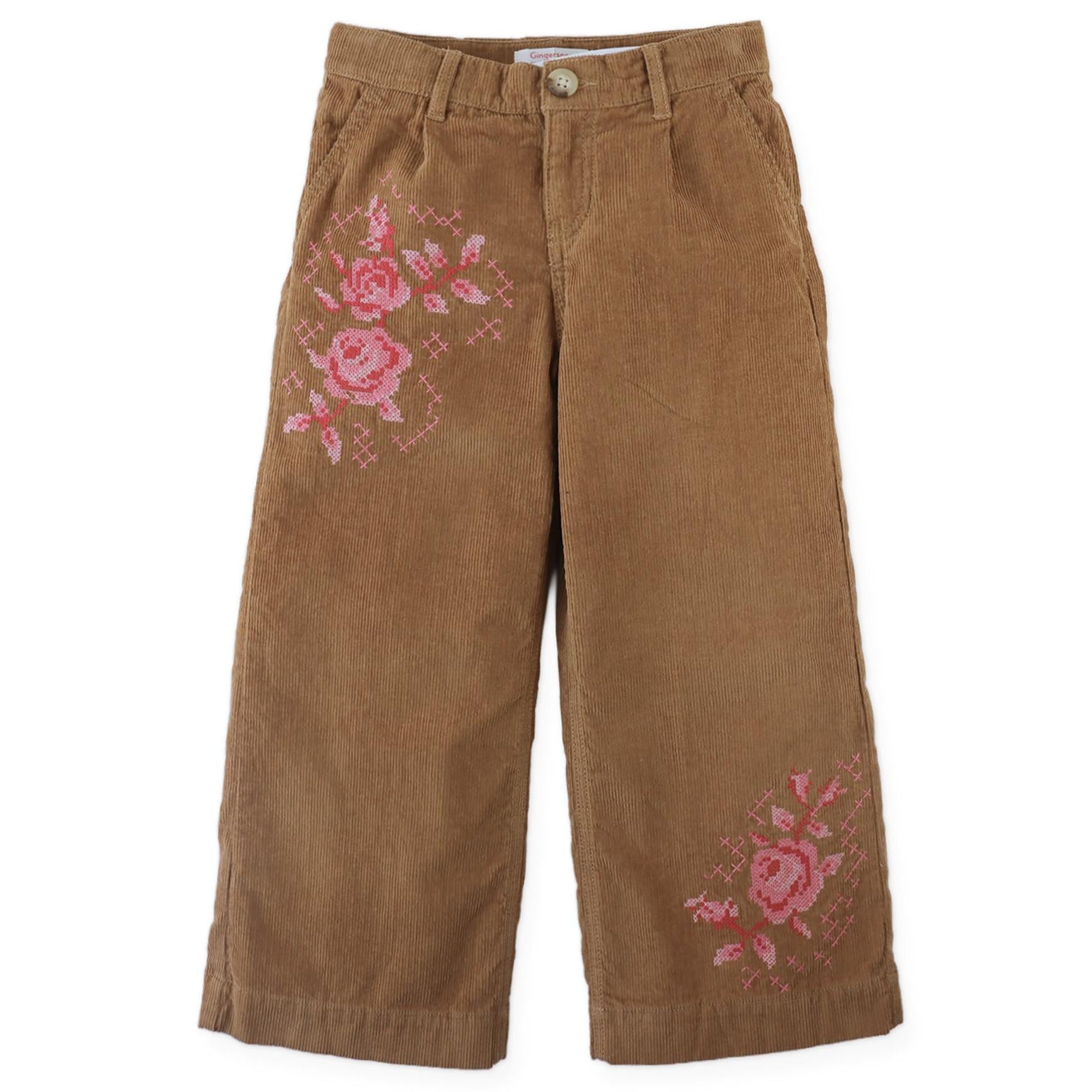 Brown Corduroy Cross Stitch Roses Pant