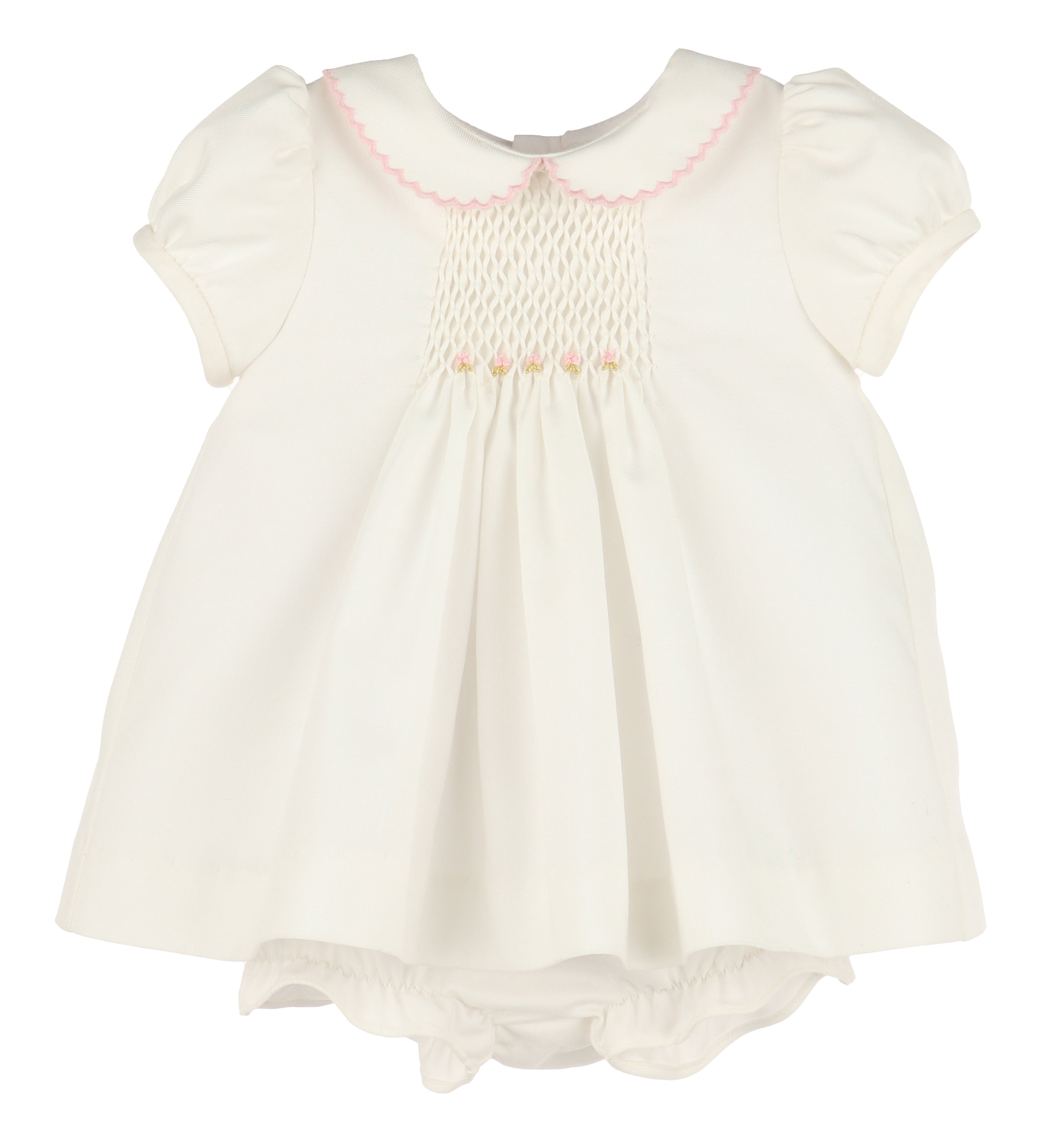 Girl's Ivory Twill Smocked Dress Pink Embroidery