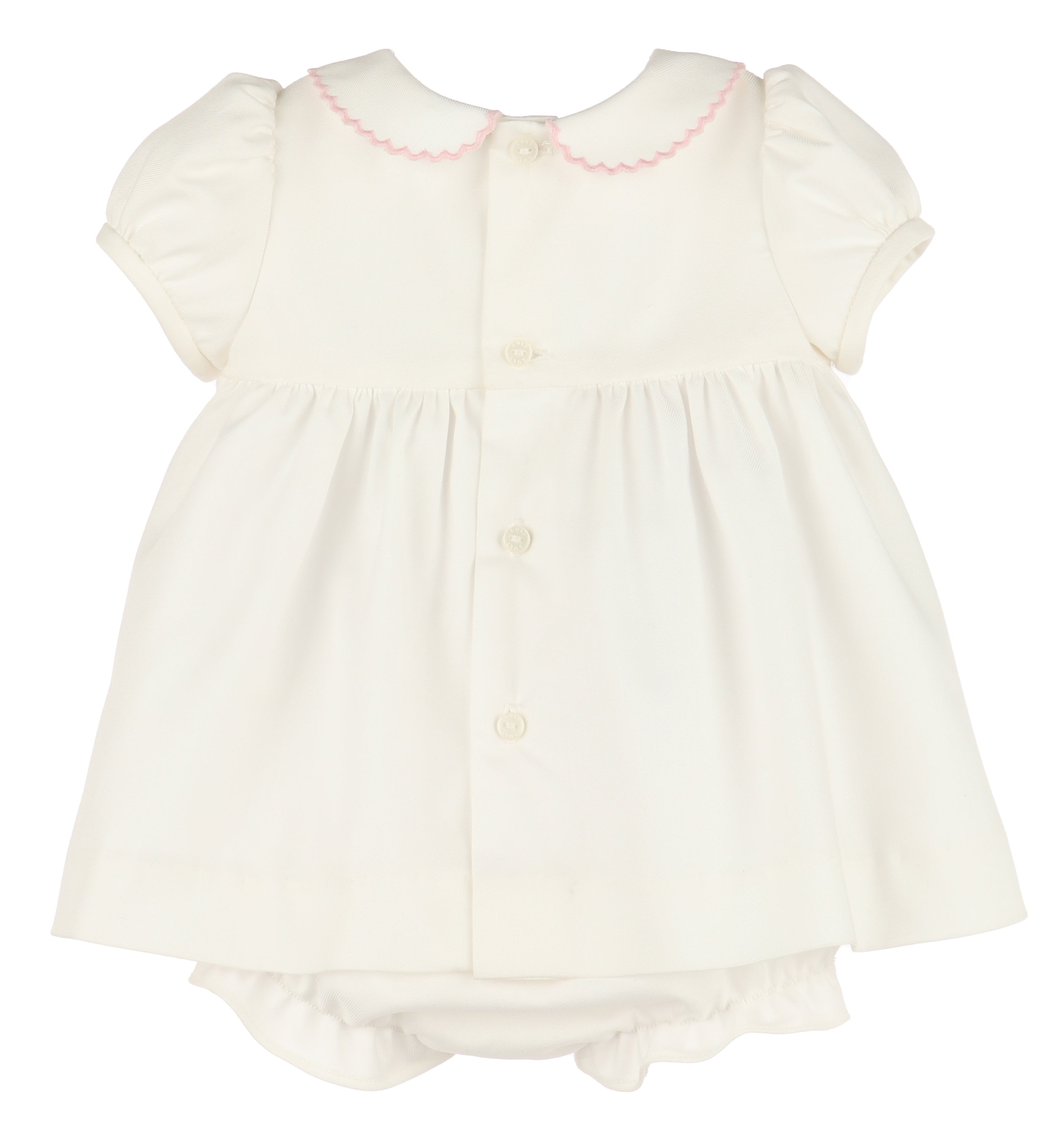 Girl's Ivory Twill Smocked Dress Pink Embroidery