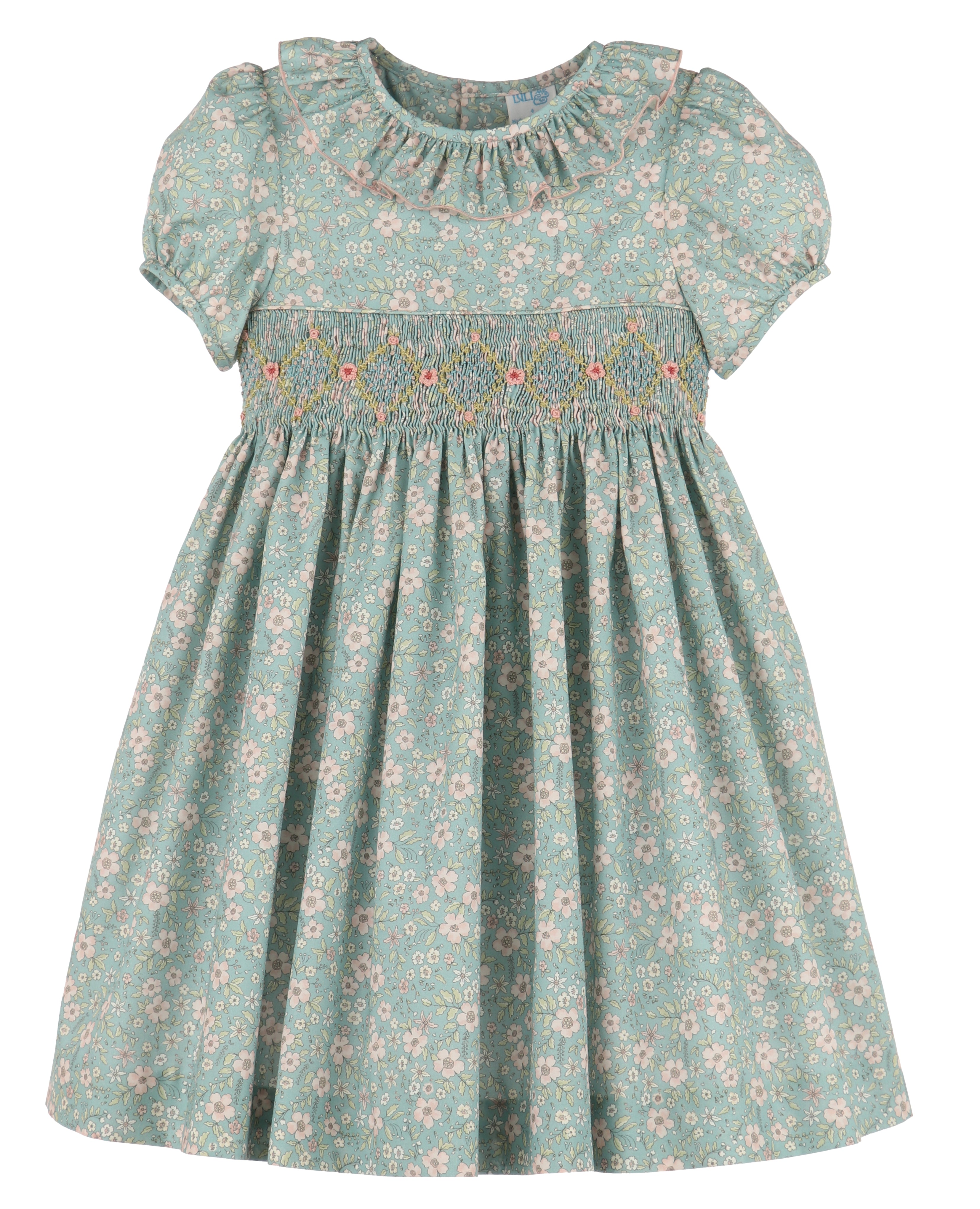 Girl's Aqua Print Smocked Dress