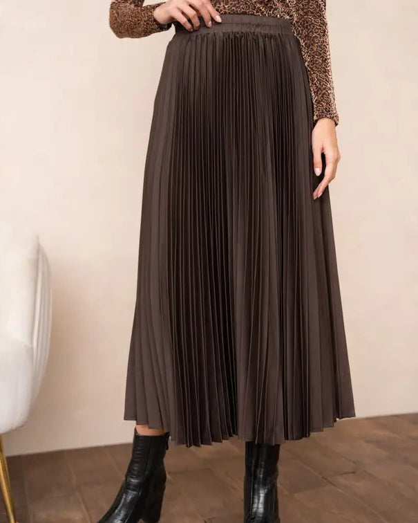 Delphine Chocolate Satin Pleated Skirt