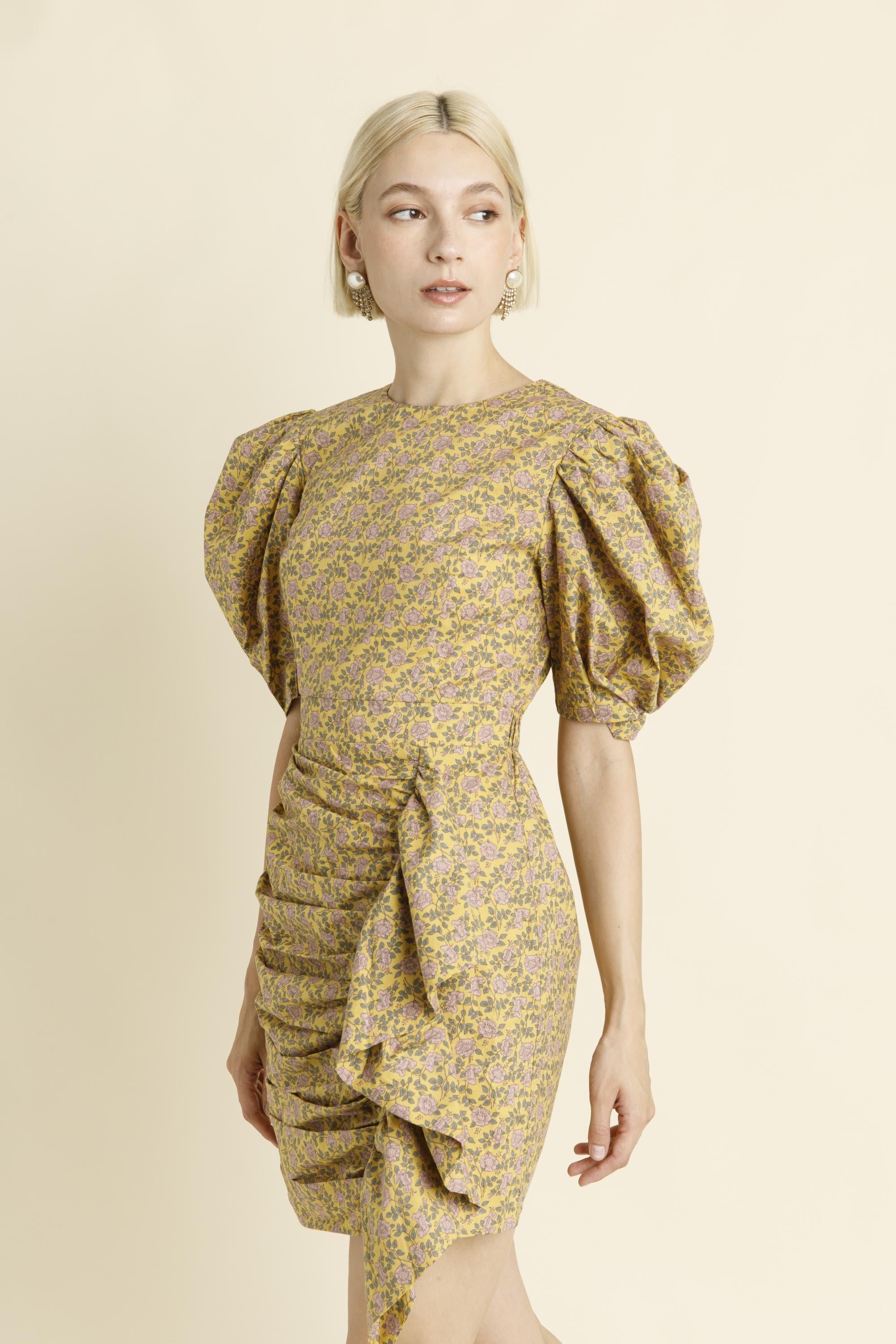 Cassidy Yellow Pink Floral Ruched Mini Dress