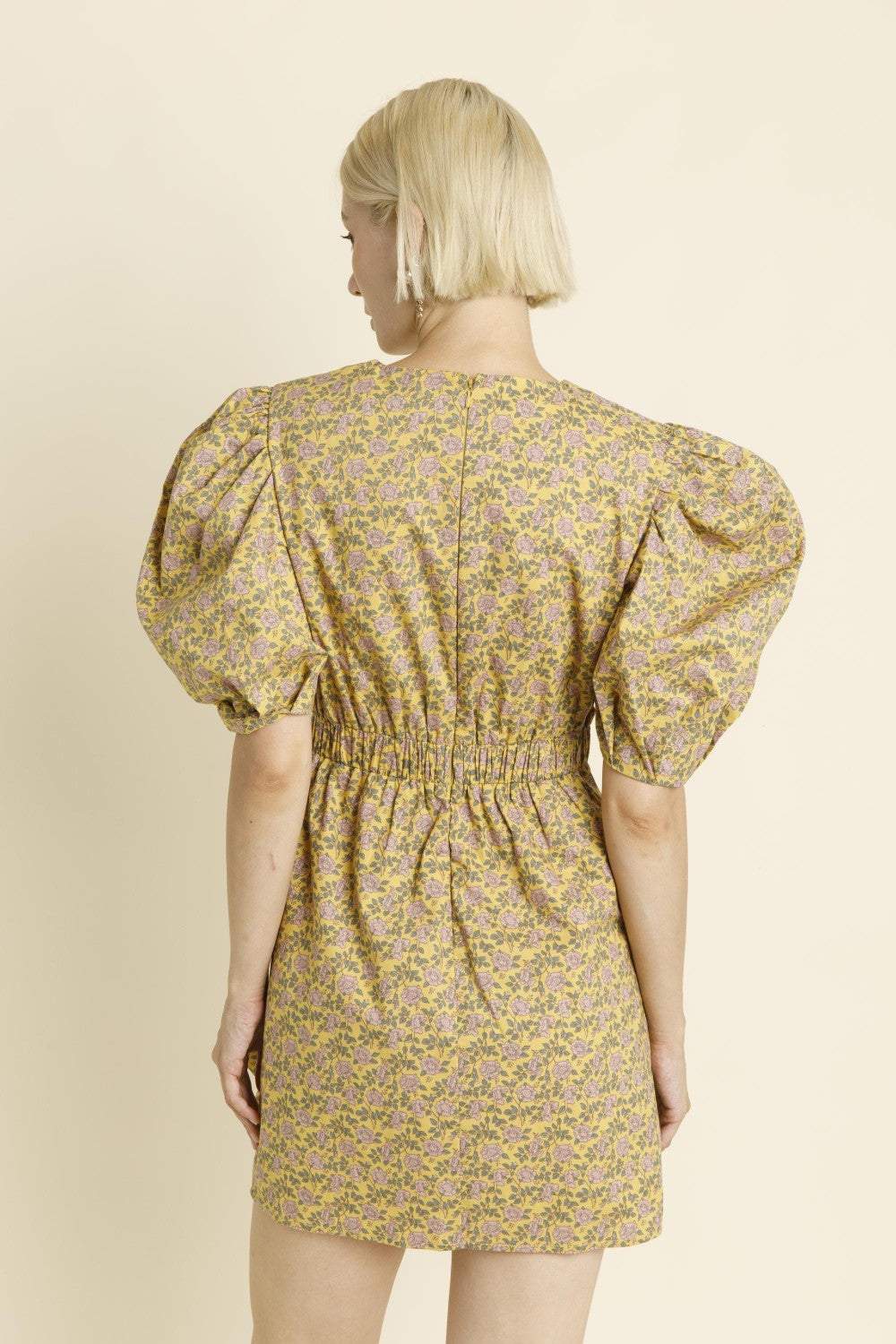 Cassidy Yellow Pink Floral Ruched Mini Dress