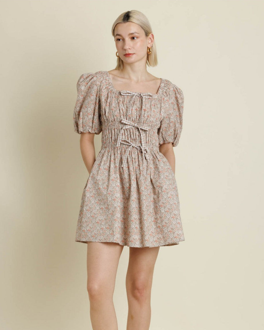 Belle Beige Floral Bow Mini Dress