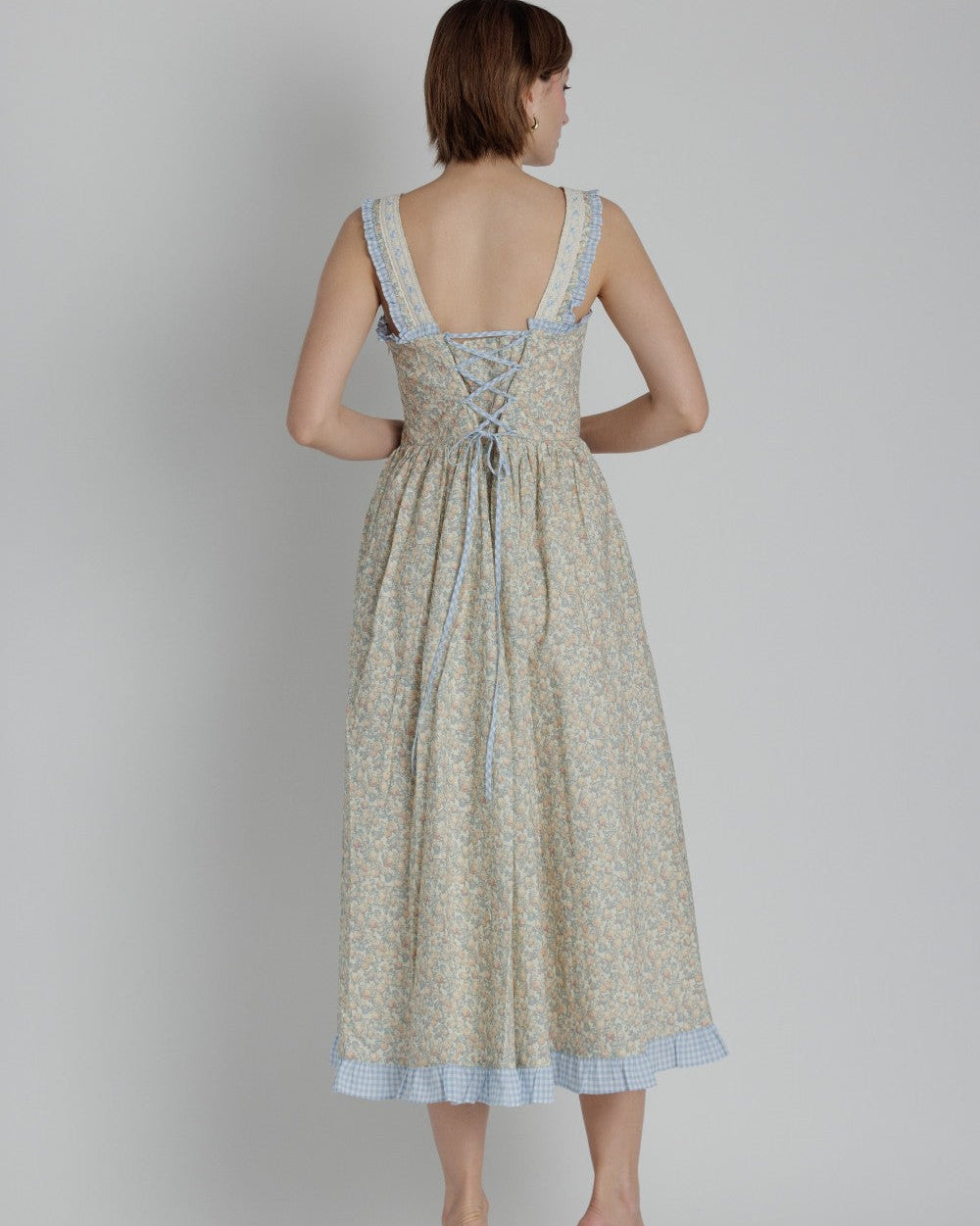 Beige Floral with Blue Gingham Trim Sundress