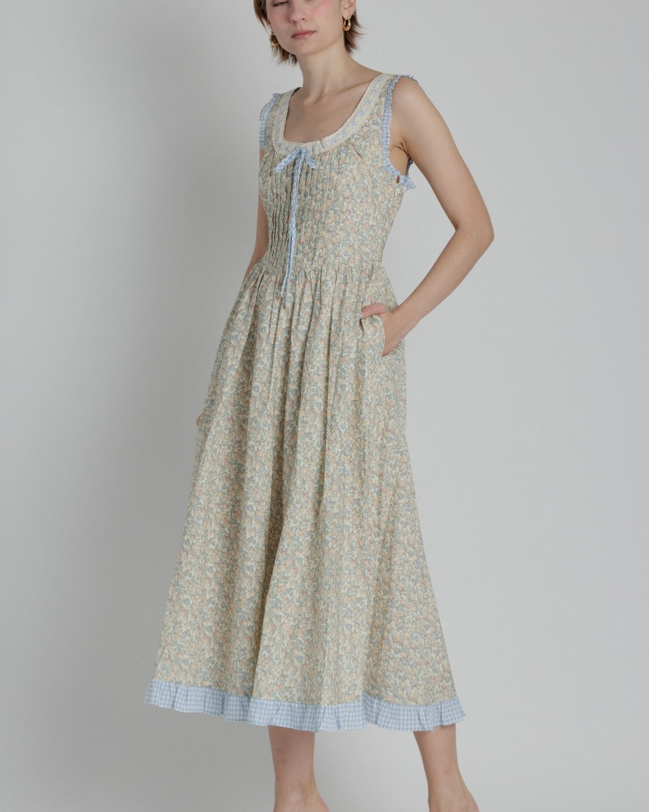 Beige Floral with Blue Gingham Trim Sundress