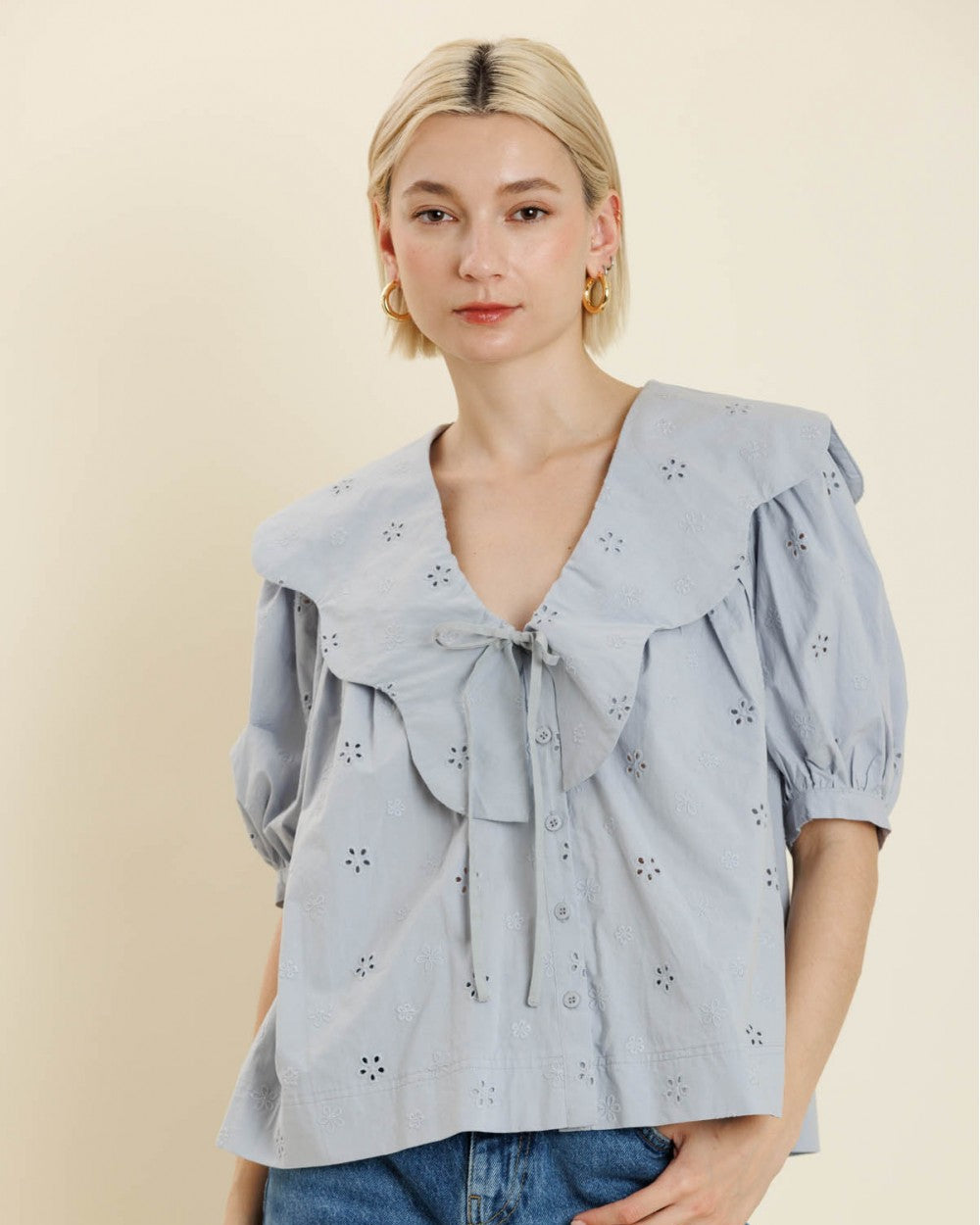 Light Blue Eyelet Scallop Collar Swing Blouse