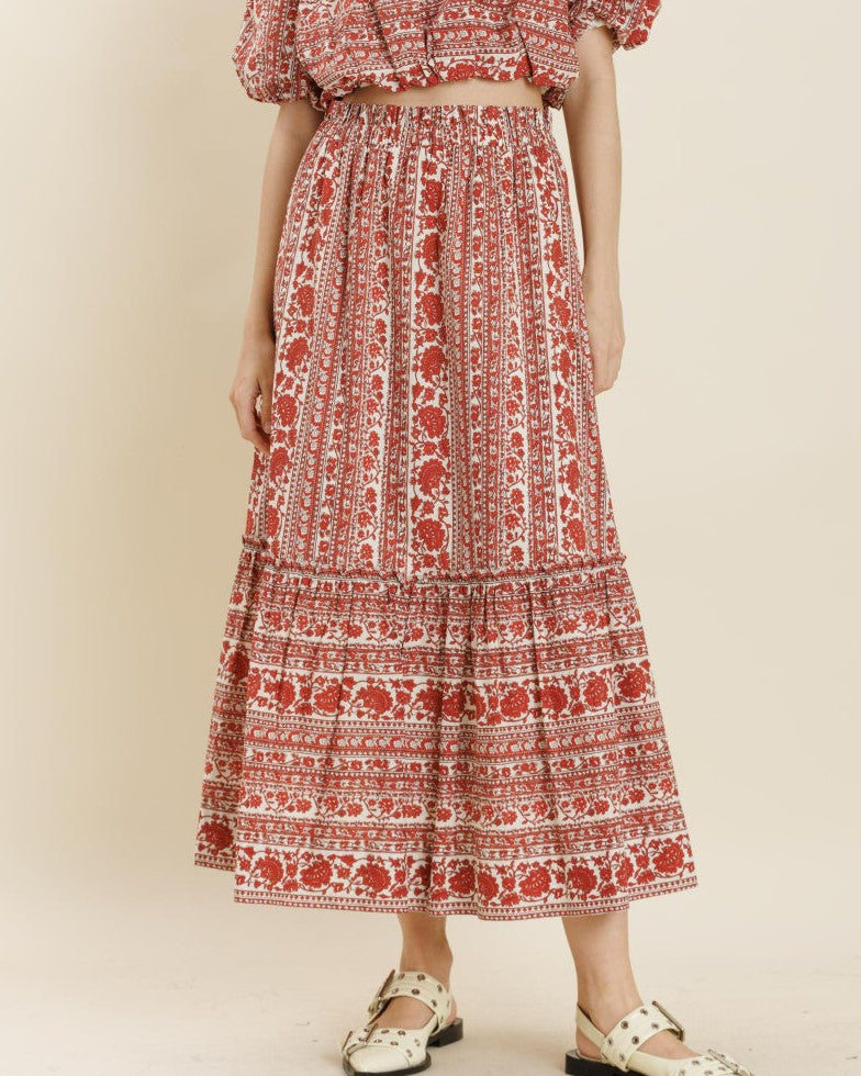 Red Floral Stripe Midi Skirt