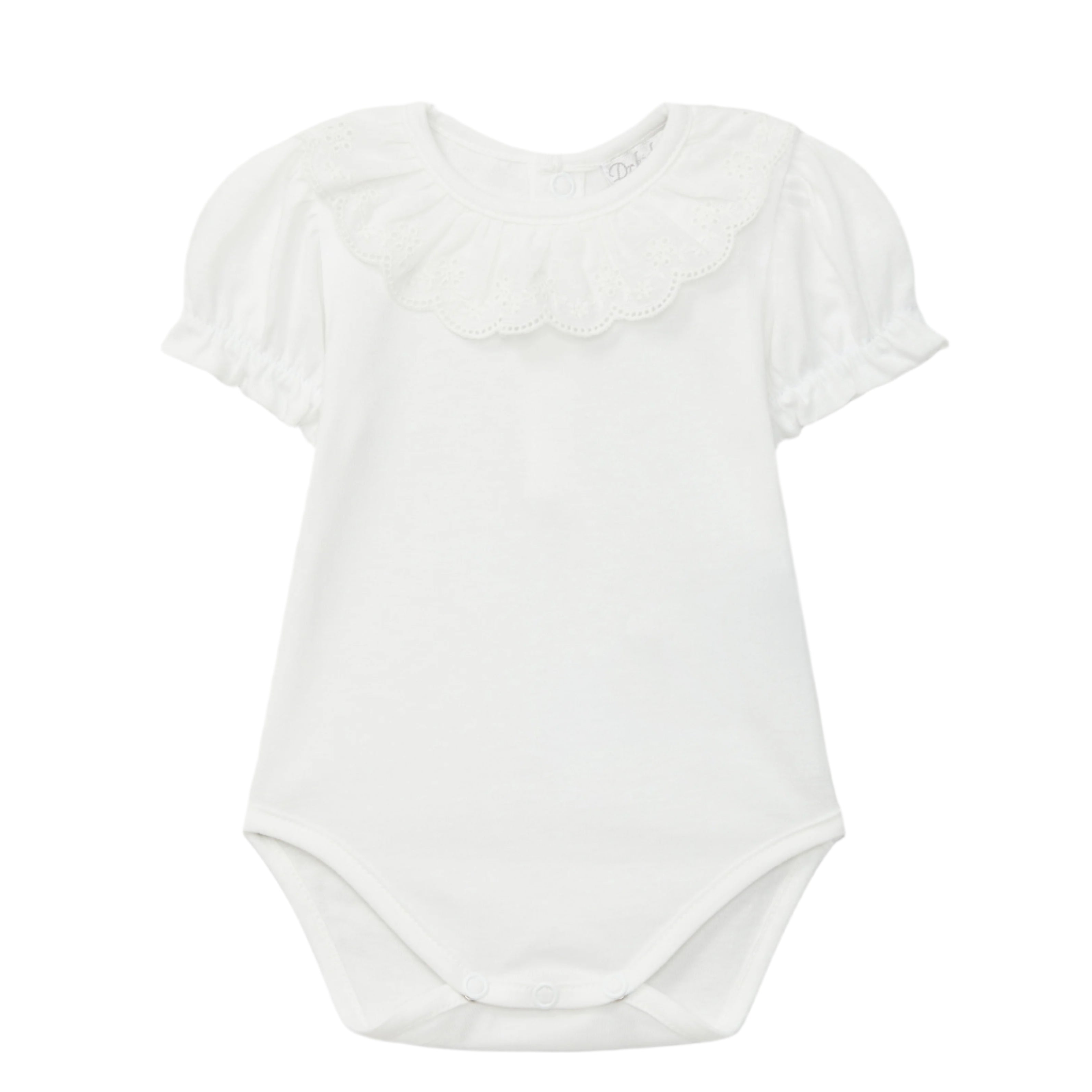 A white short-sleeved onesie with a ruffled eyelet collar for baby girls.
