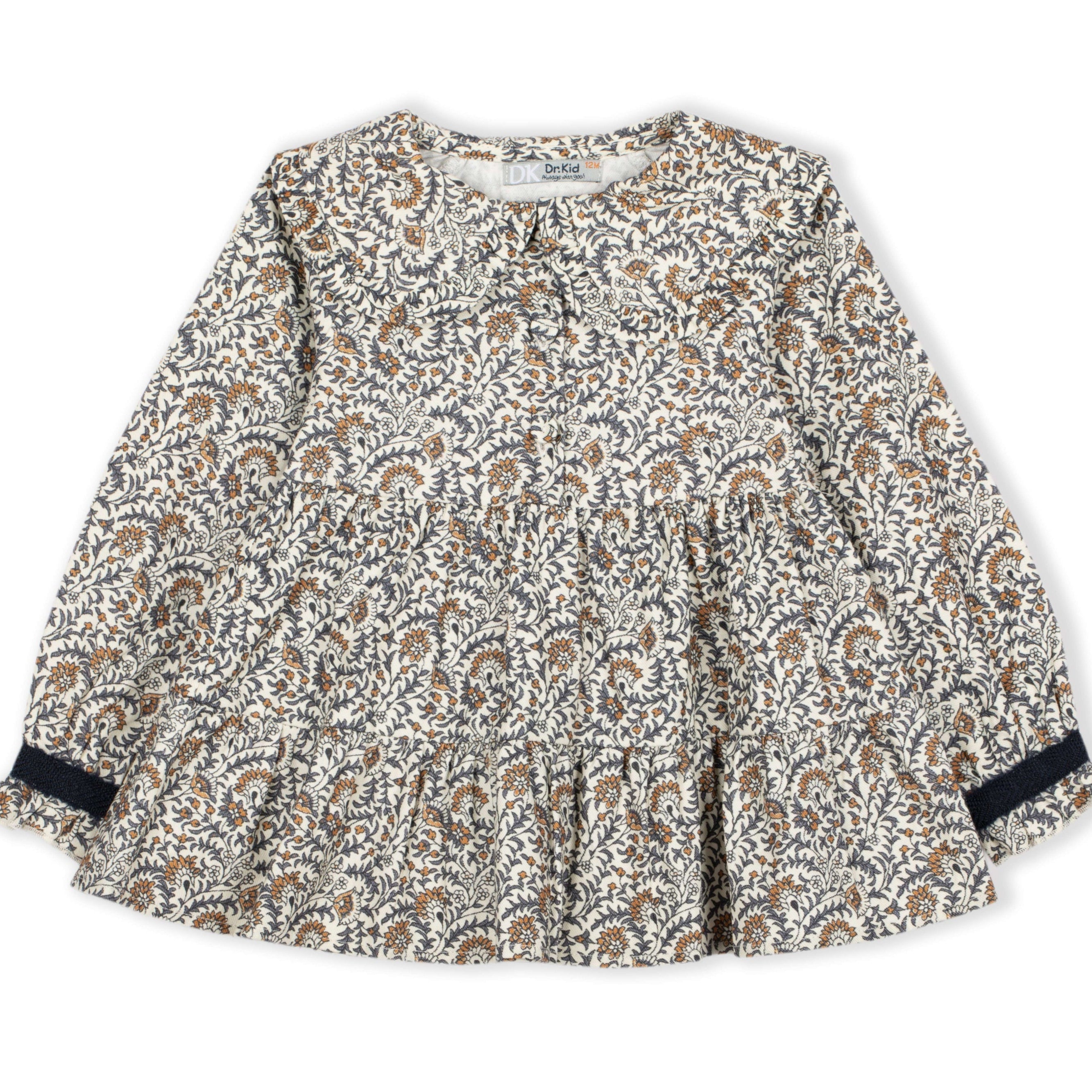 Girl's Charcoal Collared Gold Scroll Print Dress