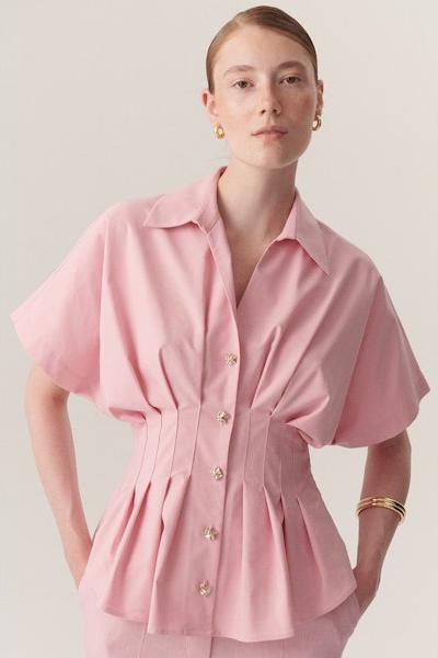 Exquise Georgia Pink Tucked Waist Blouse