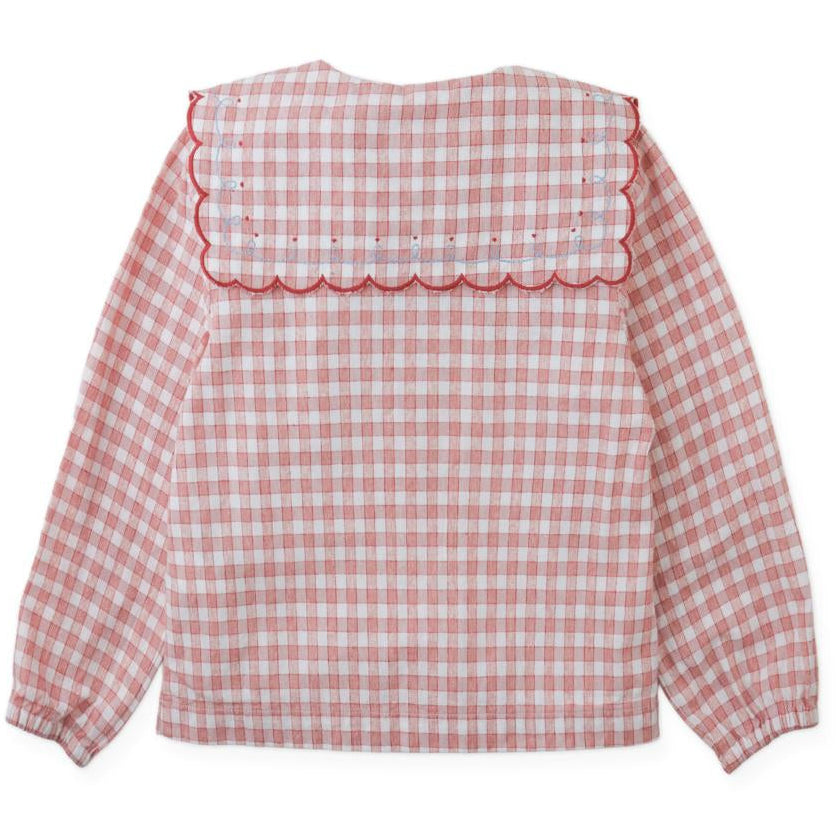 Red Check Embroidered Collar Blouse