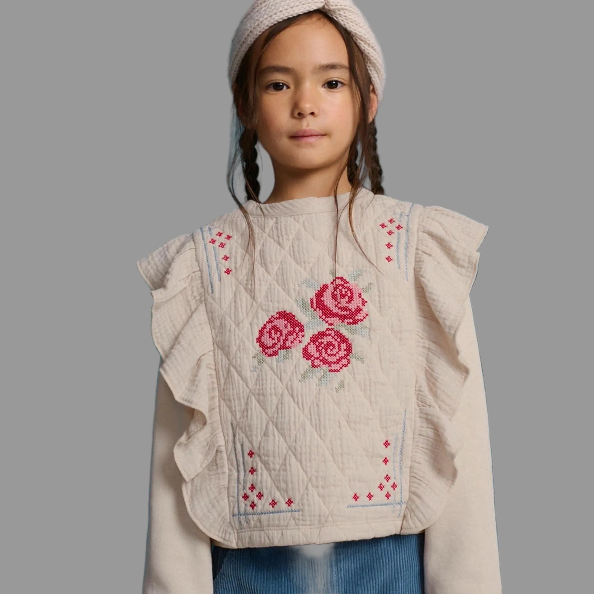 Beige Cross Stitch Ruffle Sweatshirt
