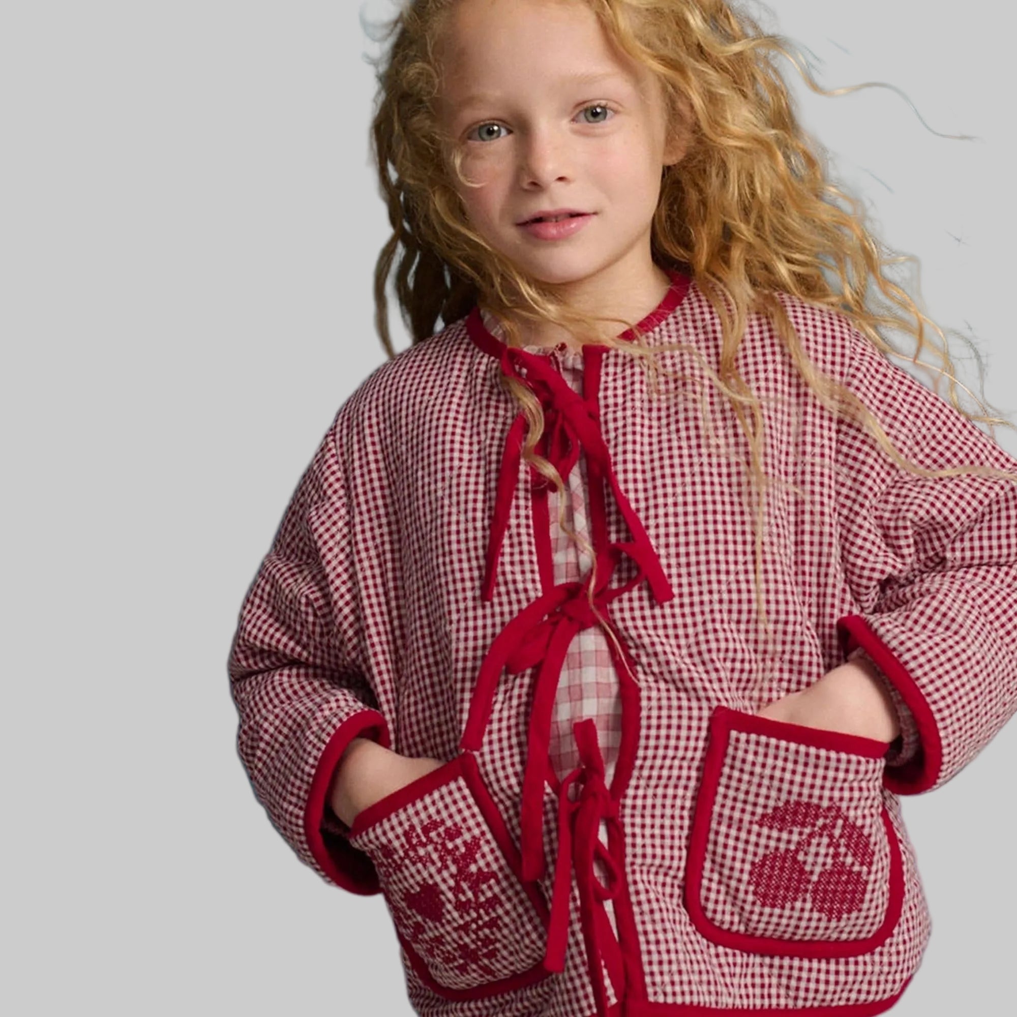 Red Gingham Embroidered Quilted Jacket
