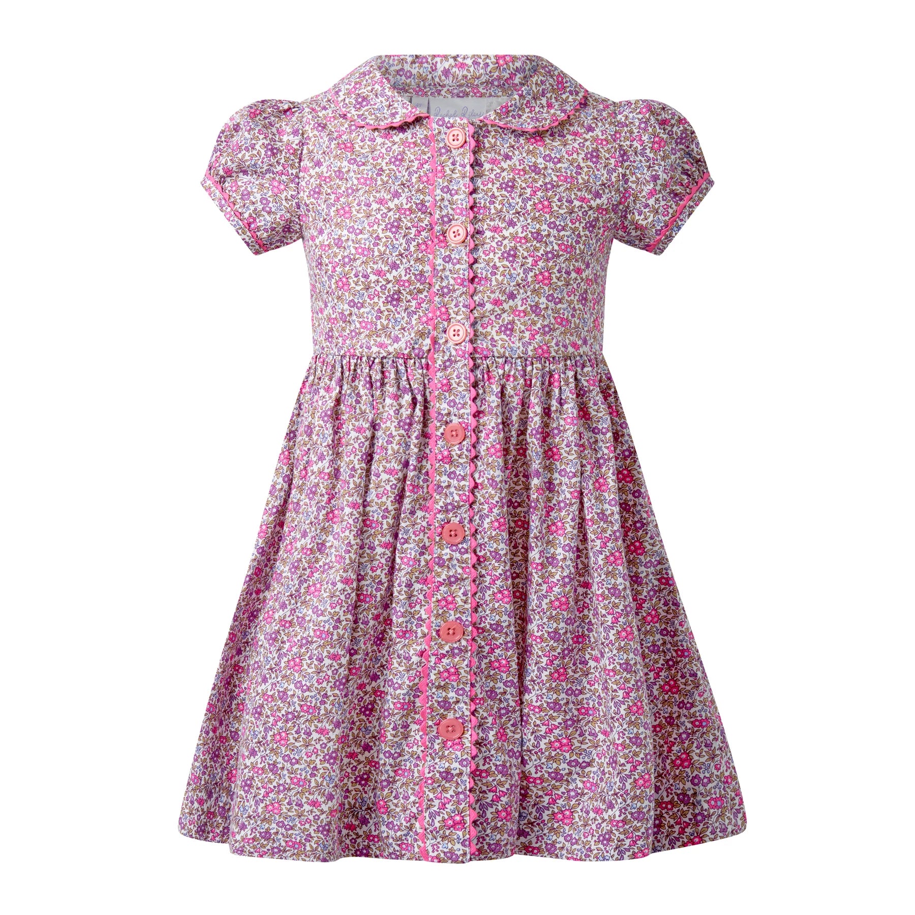 Girl's Pink Ditsy Ricrac Button Front Dress