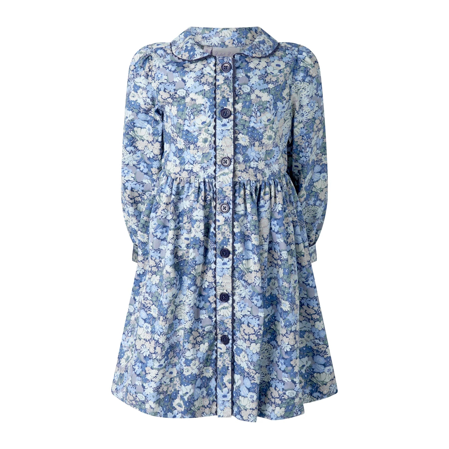 Girl's Blue Floral Ricrac Button Dress