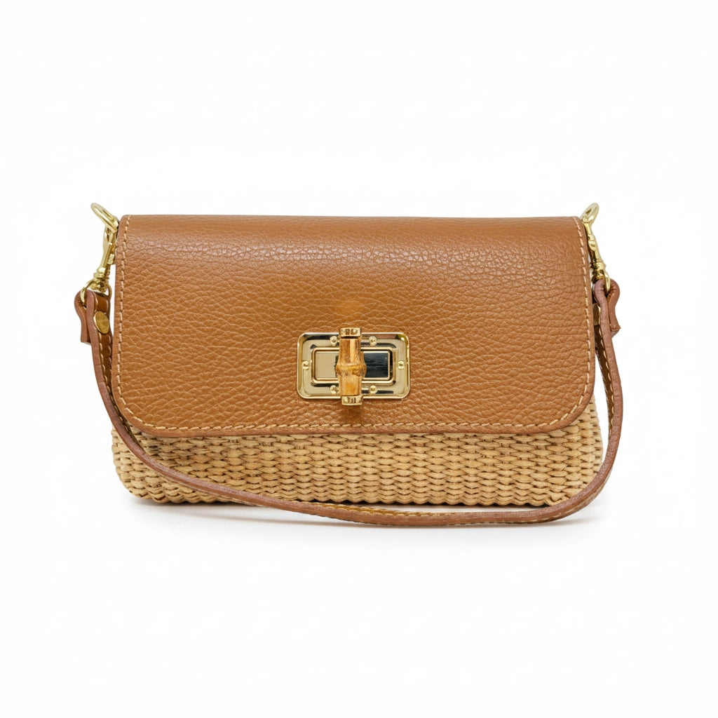 Leather Bamboo Clasp and Raffia Crossbody Bag