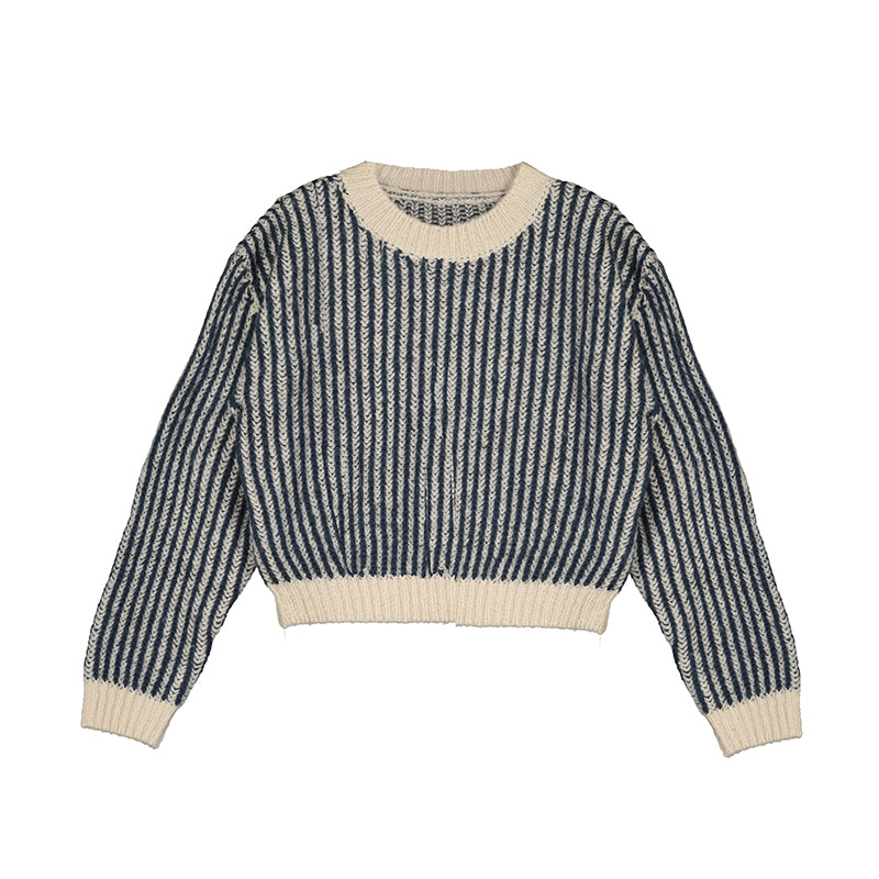 Girl's Navy Cream Ribbed Crew Sweater