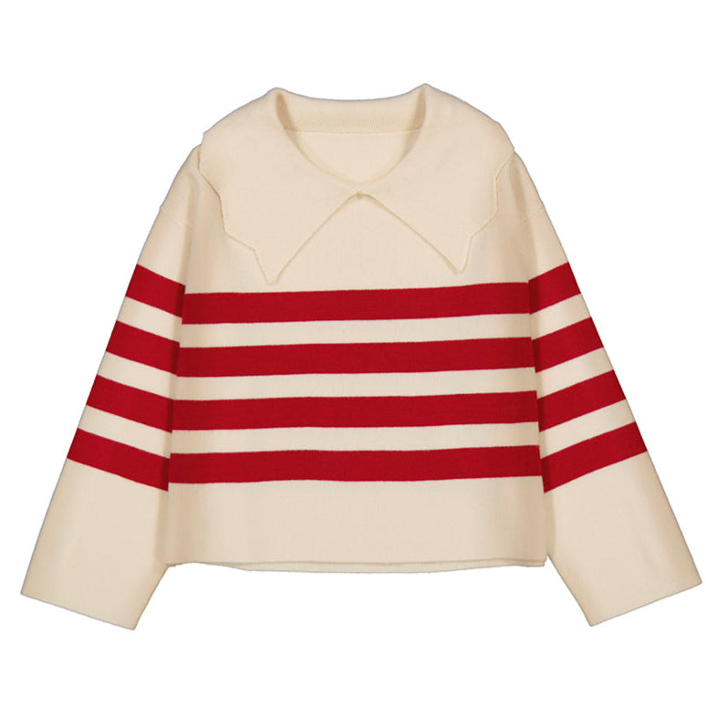 Girl's Cream Red Stripe Collared Sweater