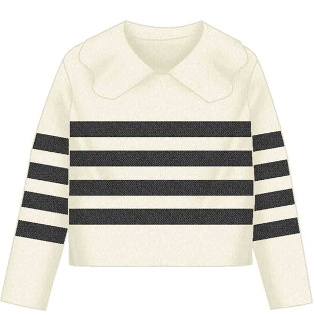 Girl's Off White Black Stripe Collared Sweater