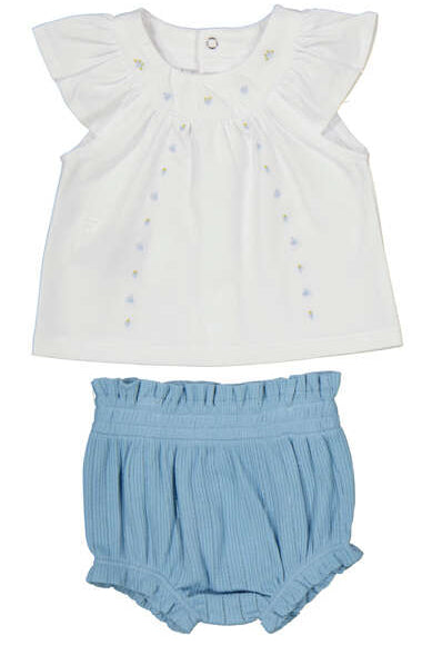 White Knit Top and Blue Bloomer Set