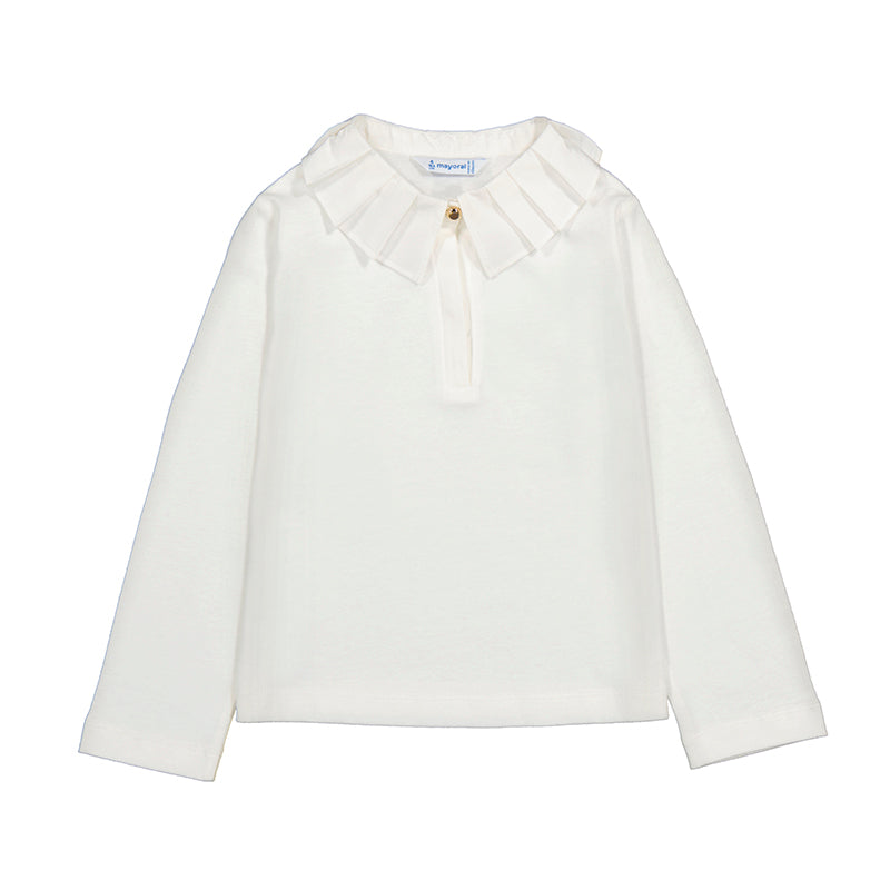 Girl's White Knit Top With Pleated Collar