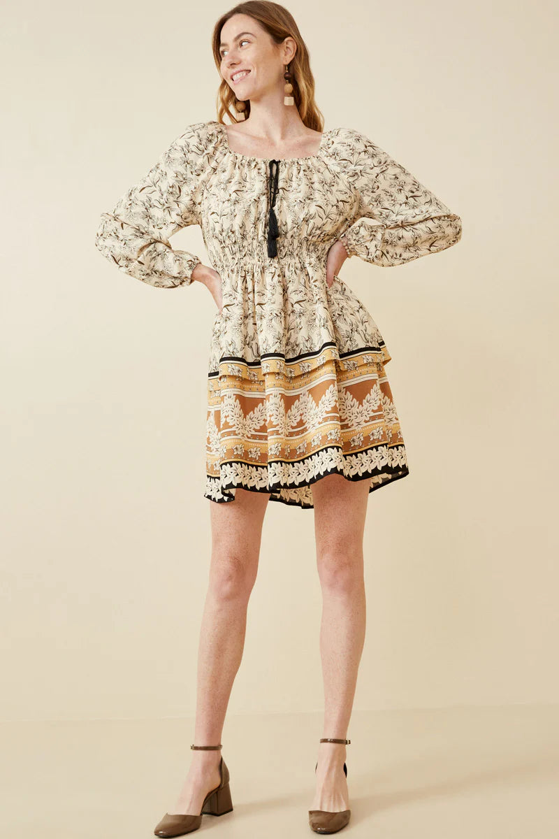 Mickela Peasant Mini Dress With Border