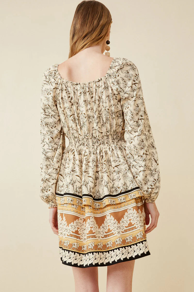 Mickela Peasant Mini Dress With Border