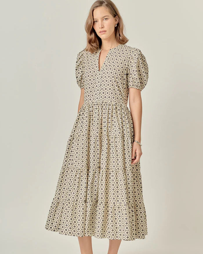 Hazel Cream with Black Hexigon Midi Dress