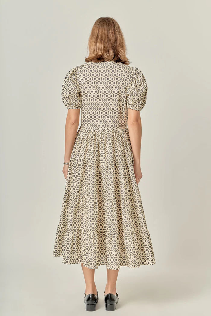 Hazel Cream with Black Hexigon Midi Dress