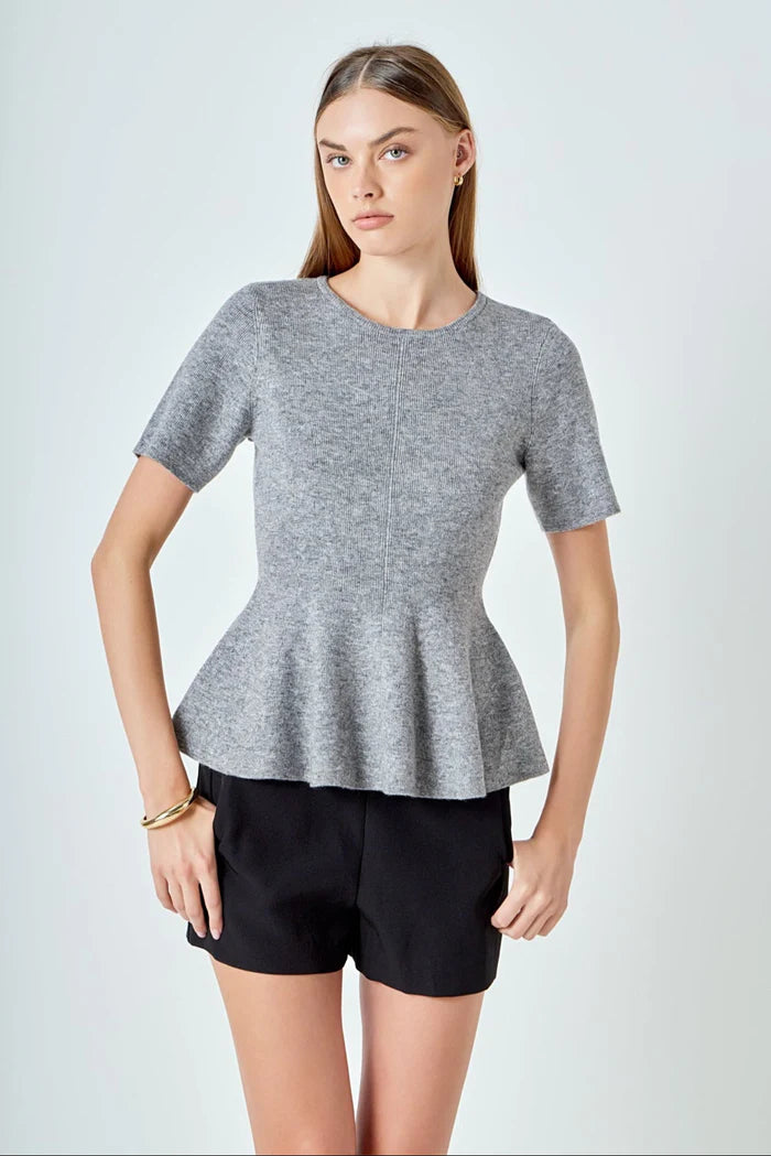 Grey Peplum Short Sleeve Sweater