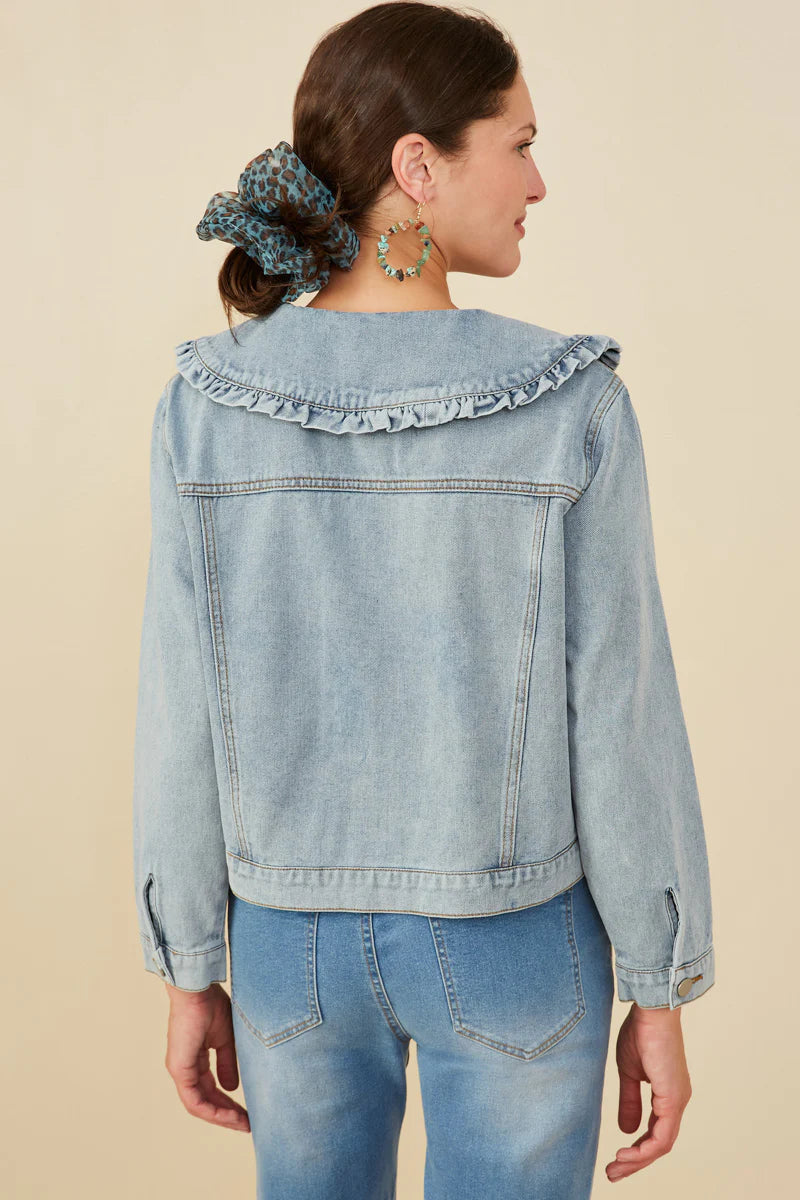 Denim Ruffle Wide Collar Jacket