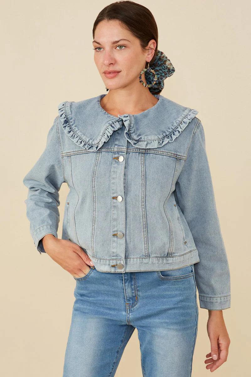 Denim Ruffle Wide Collar Jacket