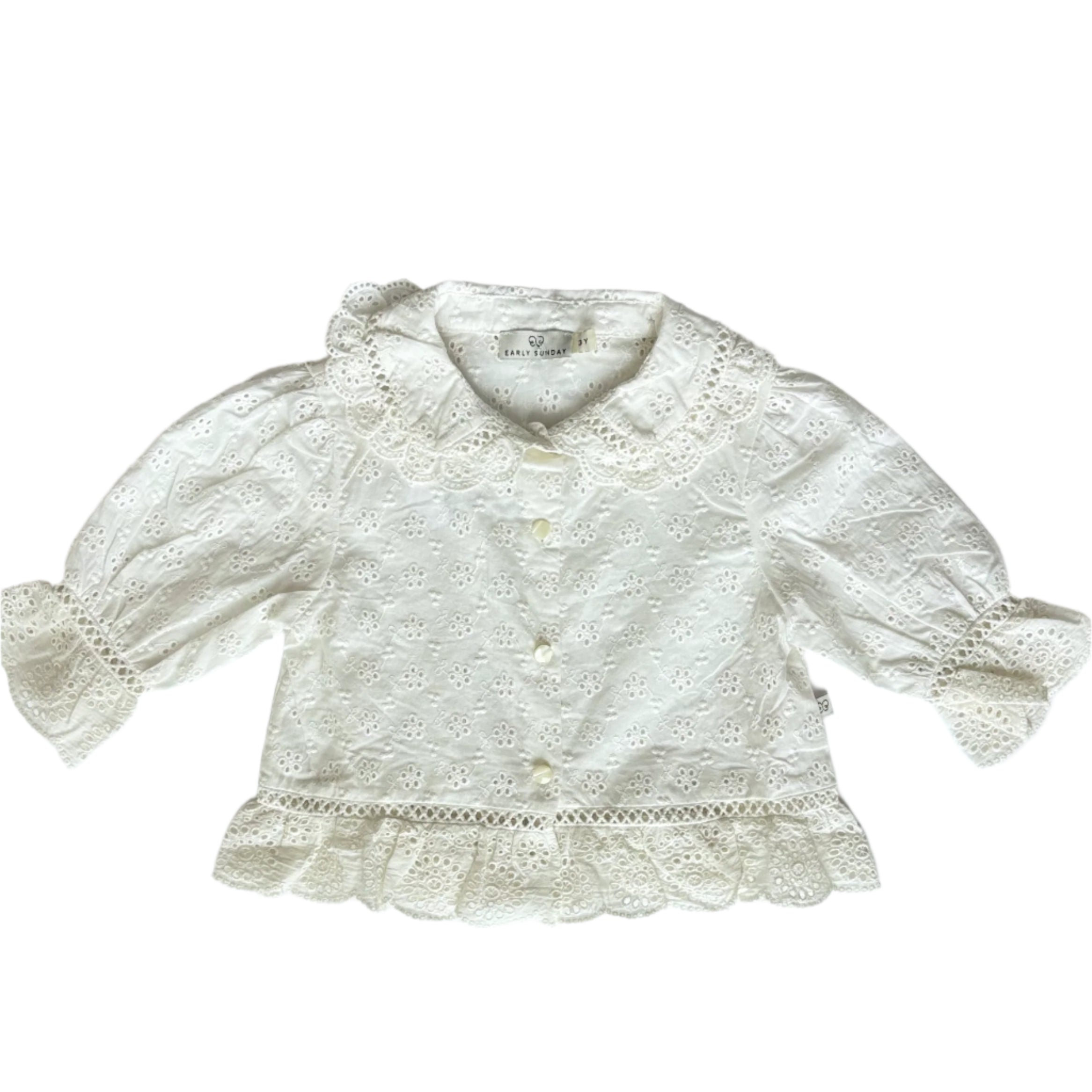 White Eyelet Peplum Collared Blouse