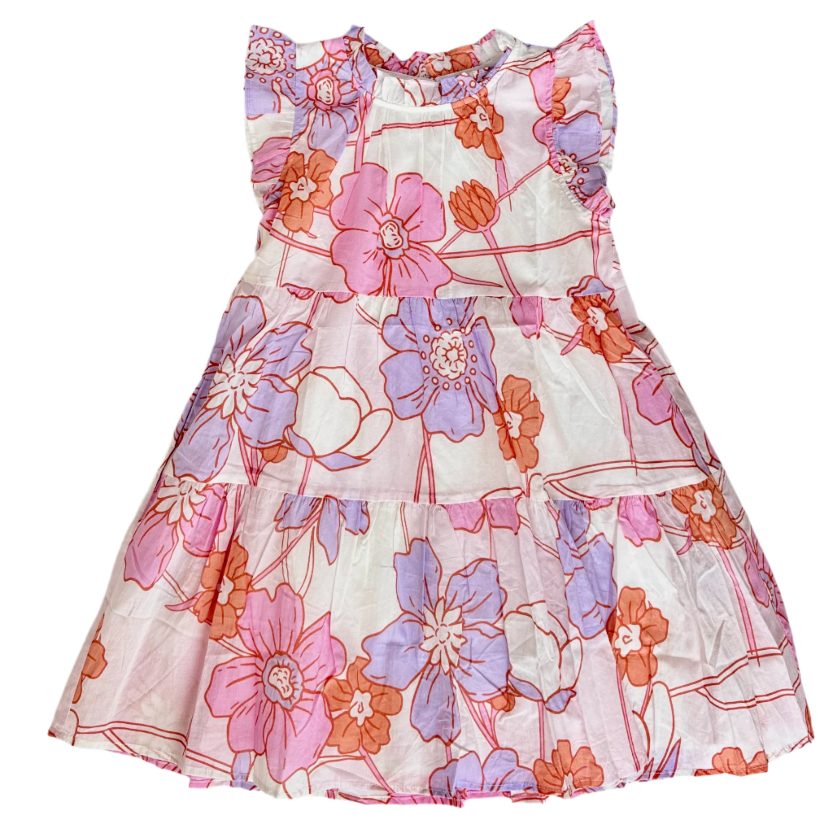 White Pink Floral Ruffle Sleeve Dress