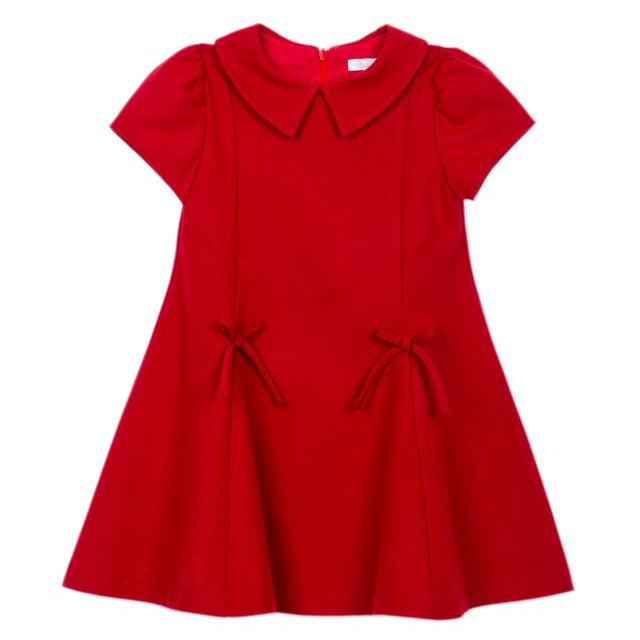 Red Solid Collared Dress with Bows