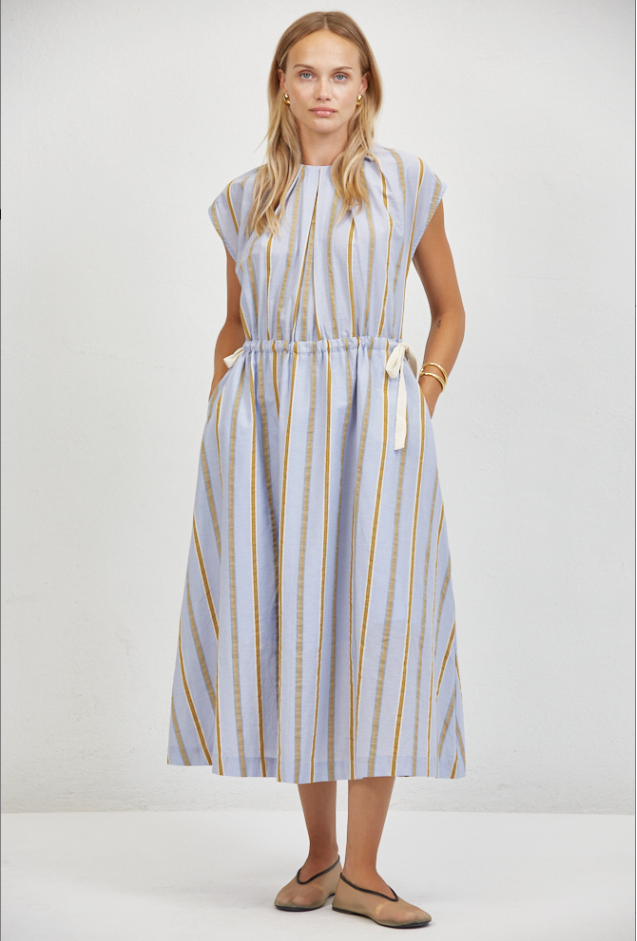 Bryce Blue/Gold Stripe Drawstring Dress